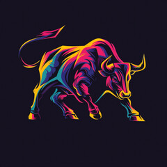 A dynamic and colorful depiction of a charging bull in a modern vector logo, embodying both power and a liberated essence.