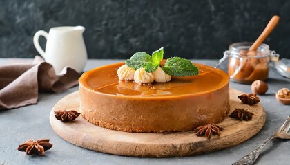  Board with delicious caramel cake on table 