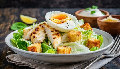  Chicken Caesar salad with poached 