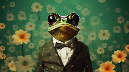 Stylish Frog on a daisy field background illustration. - obrazy, fototapety, plakaty