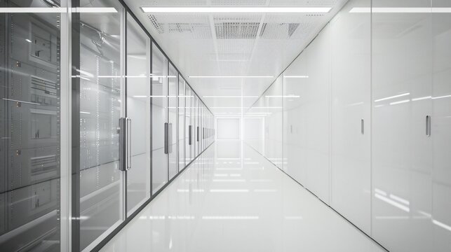 Server room in a white room its sleek design echoing the themes of clarity and efficiency