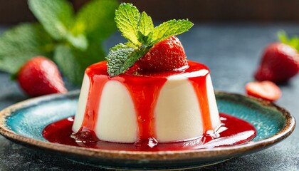  photo of italian panna cotta dessert with strawberry sirup and mint leaf - obrazy, fototapety, plakaty