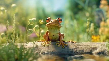 Cute orange frog on stone - obrazy, fototapety, plakaty