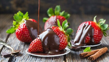 strawberries dipped in dark chocolate - obrazy, fototapety, plakaty