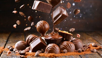 lots of chocolate falling from above  - obrazy, fototapety, plakaty