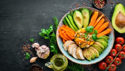 Bowl Buddha. Buckwheat, pumpkin, chicken fillet, avocado, carrots. On a black background