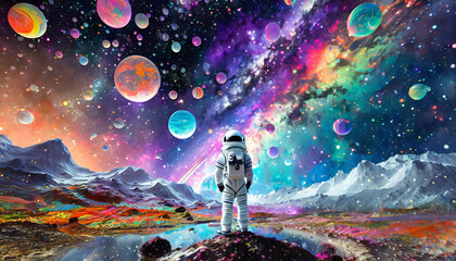 An astronaut standing in beautiful painting colorful bubbles galaxy space on a different planet.3d illustration with space landscapes paintings.Cyberpunk,pop art concept.Rear view.