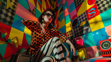 Retro Seventies Fashion and Home Decor with Stylish Woman in Vintage Outfit in a Pop Art Inspired...