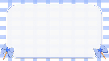 White and blue checkered pattern background decorated with cute bows. in the middle there is a white frame for entering text