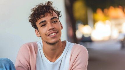 A smiling queer man leaning on his hand, looking relaxed - obrazy, fototapety, plakaty