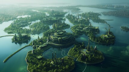 A bird's-eye view of a self-sustaining eco-city island, with a blend of urban and green spaces