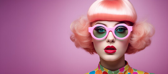 Retro futuristic fashion model with pink hair and sunglasses