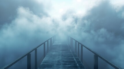 A bridge disappearing into a thick mist, with no clear view of the other side