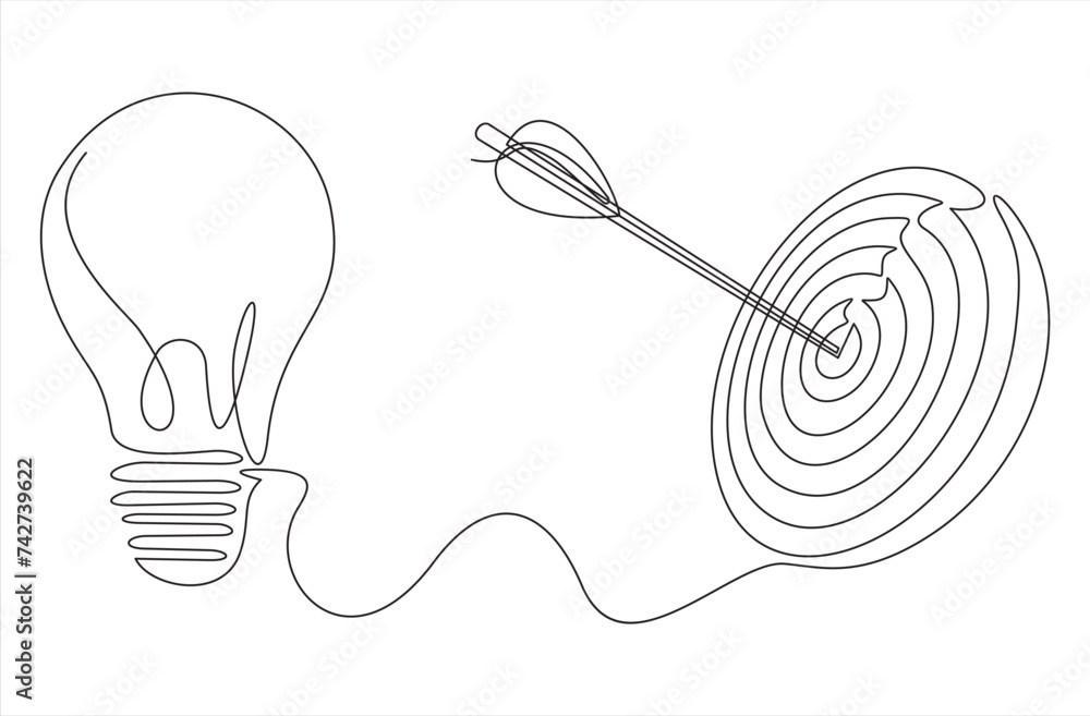Poster continuous one line drawing of light bulb with a dart board. startup idea creative imagination jackp