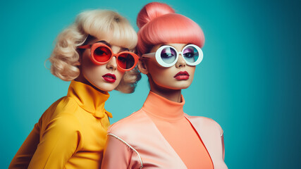 two young women wearing colorful retro futuristic fashion