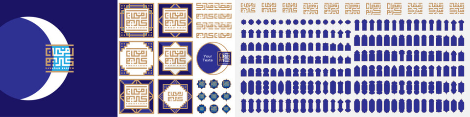 Big set of ramadan islamic design, Collection of Arabic arches, doors and windows silhouettes, Ramadan Kareem calligraphy, Ramadan Mubarak arabic calligraphy