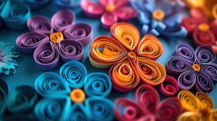 Fototapeta na wymiar Delicate art of quilling with multicolored paper strips arranged on vibrant, colorful paper.
