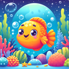 Fototapeta na wymiar A happy fish swimming in a colorful coral reef, fish, sea, cartoon, underwater, animal, illustration,Ai generated 