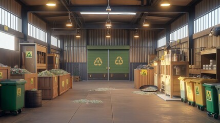 A clean and organized waste sorting facility with clear labels for recycling, compost, and landfill, showcasing responsible waste management. 8k