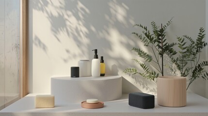 A collection of personal care products like shampoo bars, solid conditioners, and reusable makeup remover pads, displayed in a minimalist bathroom. 8k