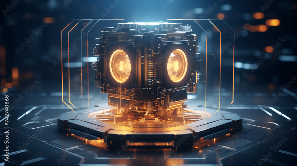 Poster modern quantum computer, futuristic quantum technology for cyber cyber security, quantum computing f