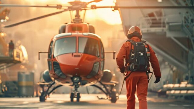 Doctors are running to the helicopter on the helipad. Rescue team, helicopter emergency medical service concept