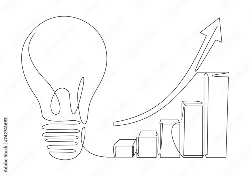 Aufkleber continuous one line drawing of light bulb with increasing up arrow bar graph. startup idea creative 