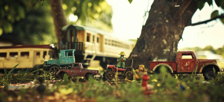 A collection of vintage metal toy trucks are parked neatly next to a tree, creating a playful scene in a childs play area. The colorful trucks are lined up in an orderly fashion, waiting for their