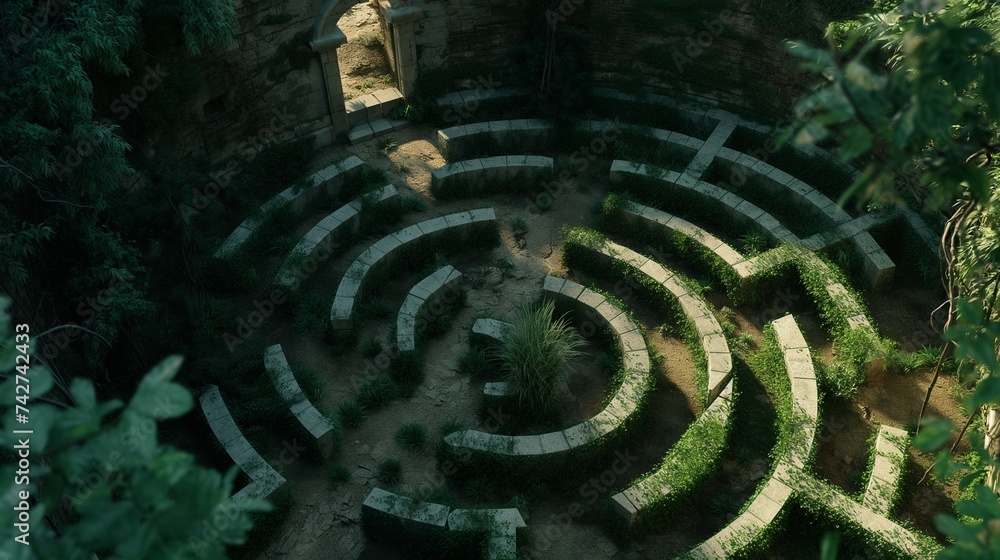 Poster a labyrinth viewed from above, with a single entry and no visible exit, embodying the complex journe