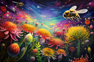 Craft an image of bees navigating through fields where flowers exist simultaneously in different states.  - obrazy, fototapety, plakaty