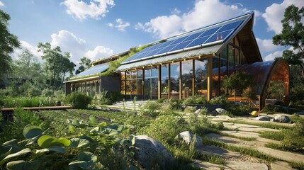 Obraz premium A modern, eco-friendly home equipped with sustainable features like rainwater harvesting, solar panels, and a vegetable garden, embodying sustainable living practices. 8k