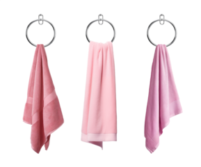 Hanged Pink towel in a round chrome towel holder. Isolated transparent PNG. Collection of fluffy soft cotton towels hanged on a towel ring. Hand towel. Bath towel. Hand Towel.