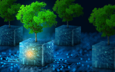 Tree growing on Circuit digital cube. Digital and Technology Convergence. Blue light and Wireframe network background. Green Computing, Green Technology, Green IT, csr, and IT ethics Concept