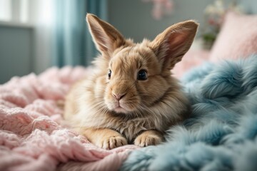 rabbit in a pink, blue and fluffy blanket