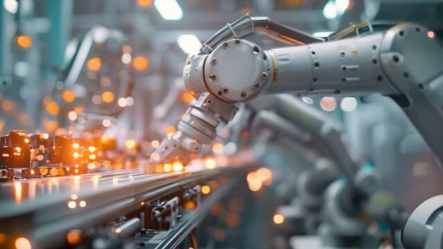 Modern factory. Industry 4.0. The project engineer talks to a female worker controlling a production line in a factory. It uses a computer with an AI display, an assembly process that is improved with