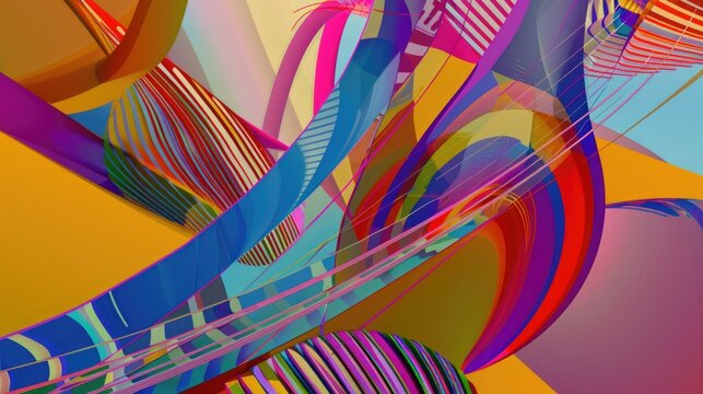 This digital painting features a dynamic interplay of colorful geometric shapes and curved lines, creating an abstract and visually striking composition. The vibrant colors, a lively and energetic