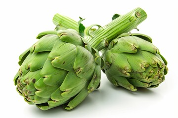 Obraz premium Fresh artichokes, isolated against a white background, exhibit their vibrant green color and unique shapes.