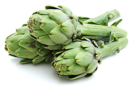 Fresh artichokes, isolated against a white background, exhibit their vibrant green color and unique shapes.