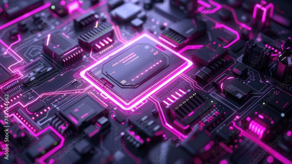 Poster this image showcases a detailed view of a computer motherboard illuminated with pink lights, highlig