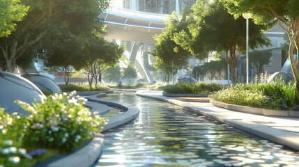 A pedestrian bridge in a futuristic eco-city, featuring integrated planters for air purification and solar panels for lighting. 8k