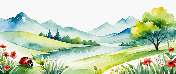 Landscape with mountains and flowers. A ladybug in the bush. Spring landscape illustration in watercolor style.