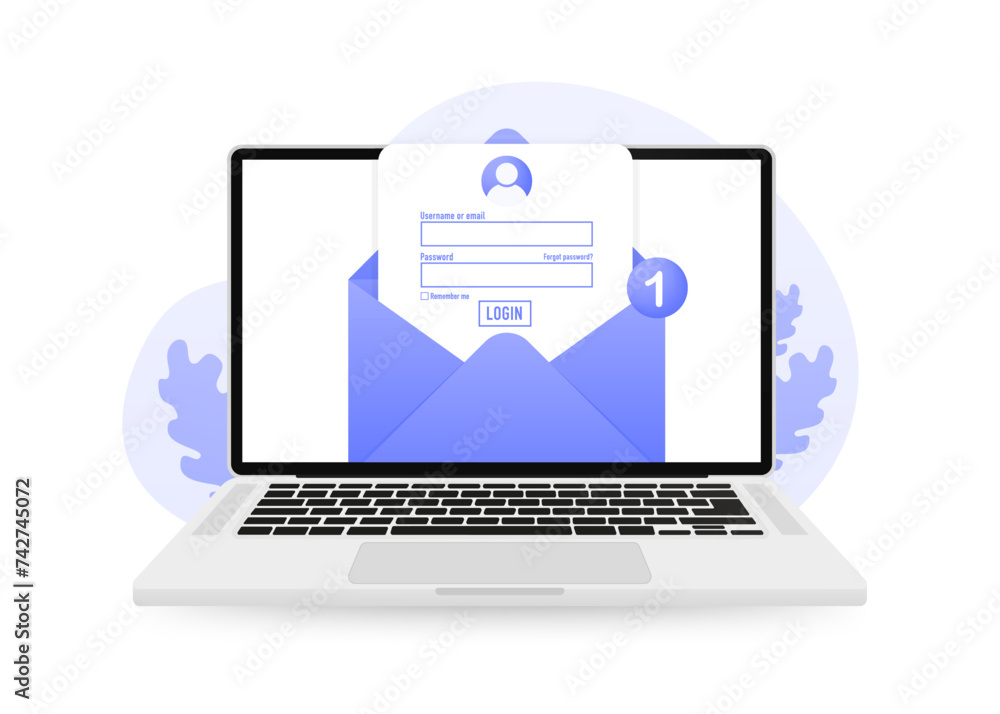 Poster open envelope on the computer screen. update personal data concept. getting a new username and passw