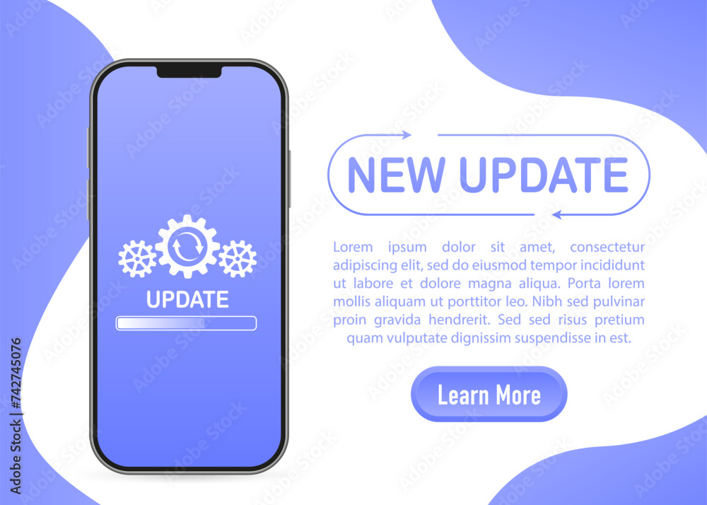 Poster new update banner. process updates mobile system on smartphone screen. upgrade operating system. dow