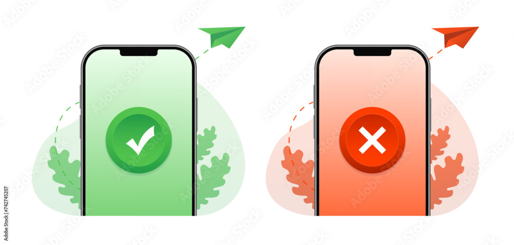 Poster smartphone icons with red and green screens isolated on white background. checkmark and cross symbol