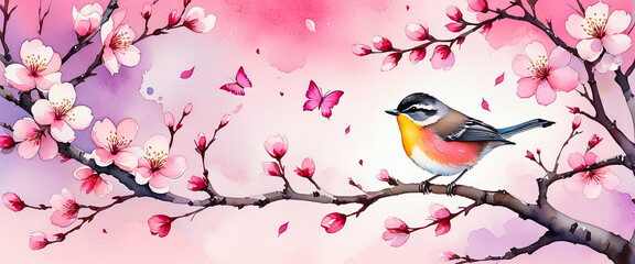 A small, cute bird sits alone on the branch of a cherry tree in full bloom. Landscape illustration with birds in watercolor style. Abstract watercolor painting.