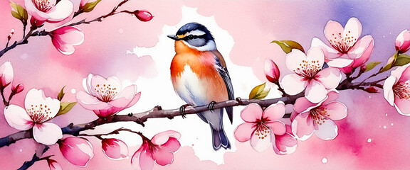 A bird drawn on a pink background. A small bird on a cherry tree in full bloom. Illustration in watercolor style.