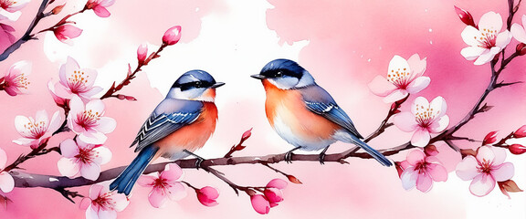 Two cute birds with orange chest fur are sitting on a cherry tree branch. Landscape illustration with birds in watercolor style.