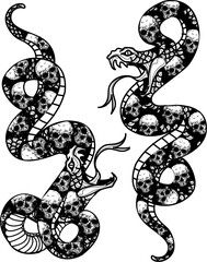 Tattoo art snake and skull pattern drawing and sketch black and white