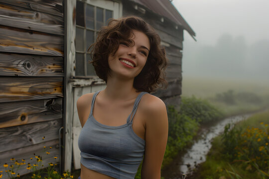 A misty morning. A photo of a beautiful brunette model with a short curly bob haircut, 30, standing outside a wooden shack next to a creek in rural America, wearing a plain grey halter t shirt and jea