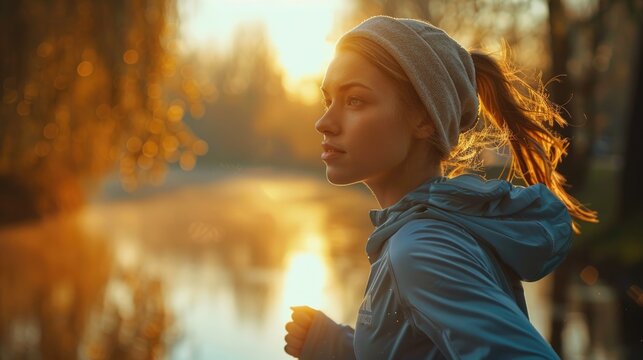A woman is jogging through a park during the sunset. The beautiful orange and pink sky can be seen in the background as she exercises and enjoys the outdoor scenery.